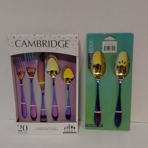 - -Cambridge 20pc Stainless Steel Flatware Titanium Iridescent Rainbow + 2p…